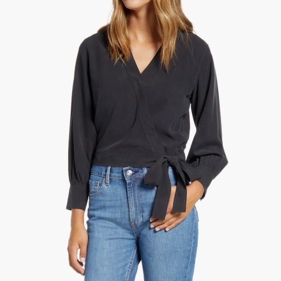 Everlane The Washable Silk Waist Cropped Wrap V Neck Top Black Luxe Size 4 - Picture 1 of 5